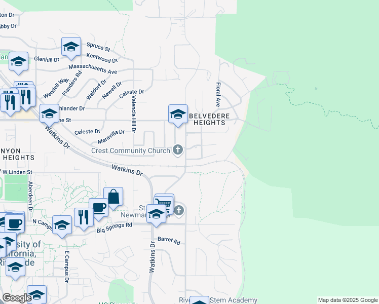 map of restaurants, bars, coffee shops, grocery stores, and more near 3396 Mount Vernon Avenue in Riverside