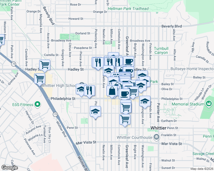 map of restaurants, bars, coffee shops, grocery stores, and more near 12712 Bailey Street in Whittier