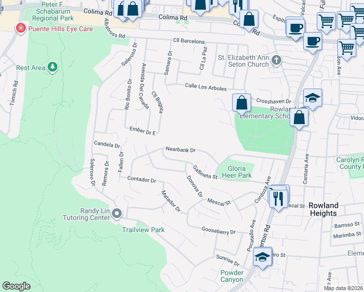 map of restaurants, bars, coffee shops, grocery stores, and more near 17851 Nearbank Drive in Rowland Heights