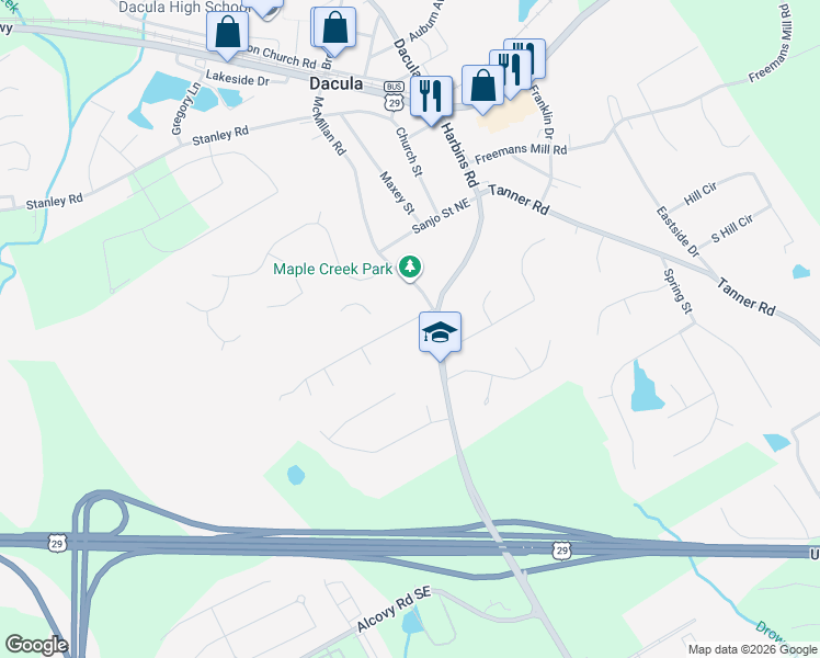 map of restaurants, bars, coffee shops, grocery stores, and more near 2443 Robin Ridge Drive Southeast in Dacula