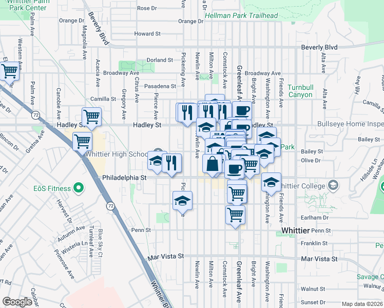 map of restaurants, bars, coffee shops, grocery stores, and more near 6553 Newlin Avenue in Whittier