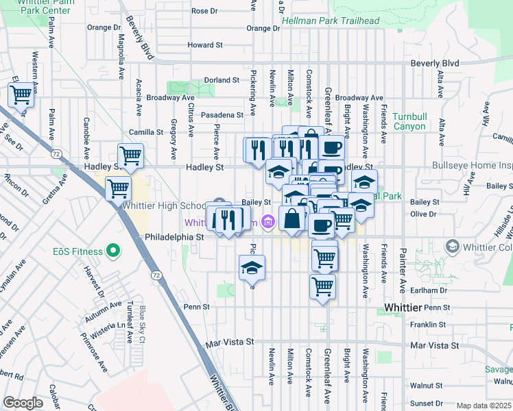 map of restaurants, bars, coffee shops, grocery stores, and more near 6702 Pickering Avenue in Whittier