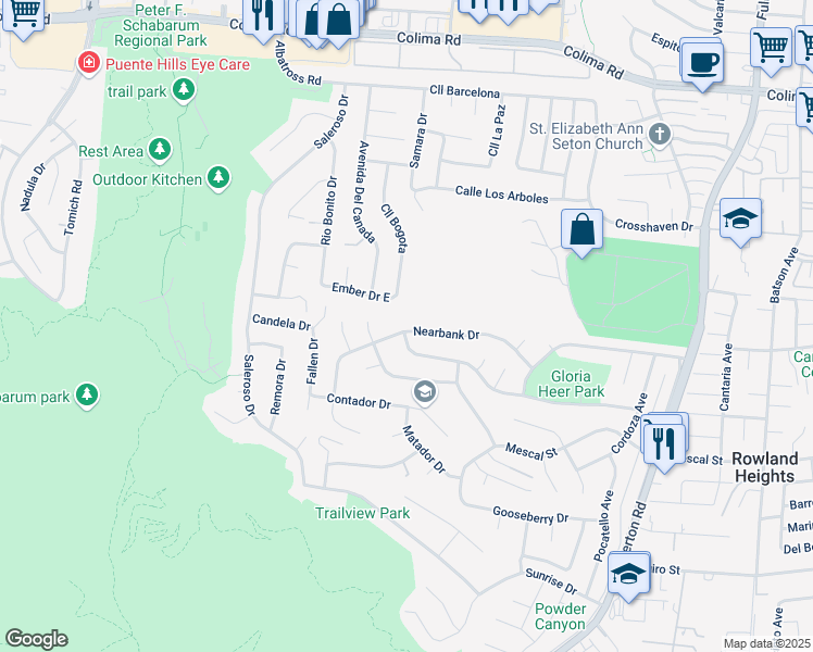 map of restaurants, bars, coffee shops, grocery stores, and more near 17775 Nearbank Drive in Rowland Heights
