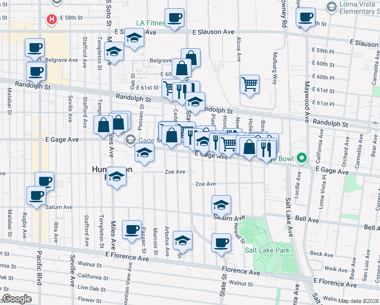 map of restaurants, bars, coffee shops, grocery stores, and more near Gage Ave & State St in Huntington Park