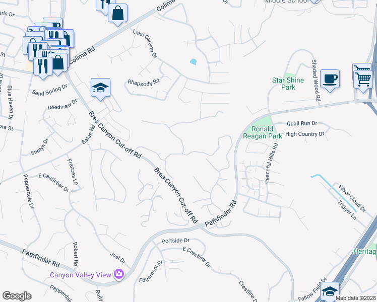 map of restaurants, bars, coffee shops, grocery stores, and more near 20405 Rance Drive in Walnut