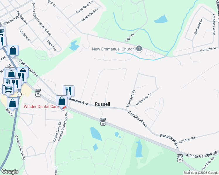 map of restaurants, bars, coffee shops, grocery stores, and more near 217 Brooks Lane in Winder