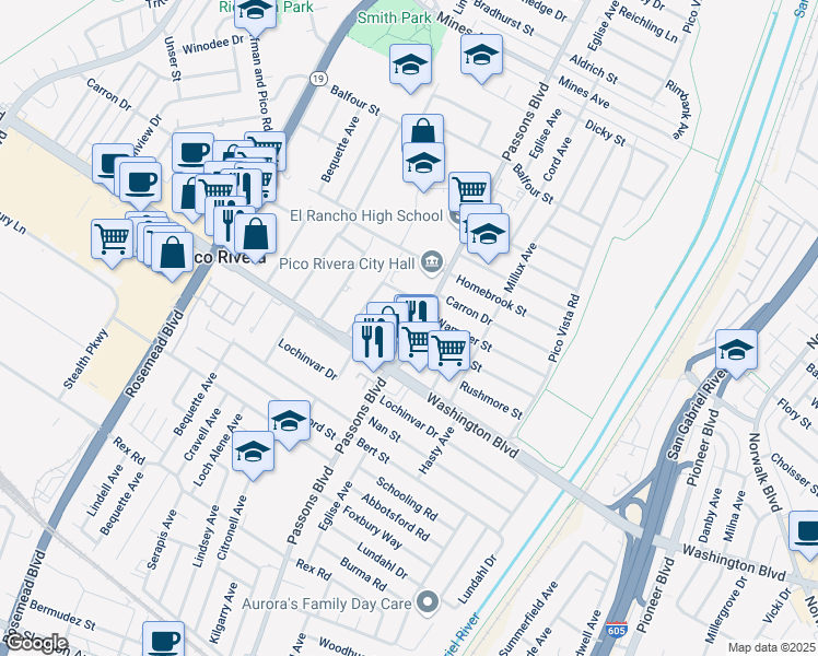 map of restaurants, bars, coffee shops, grocery stores, and more near 6715 Passons Boulevard in Pico Rivera