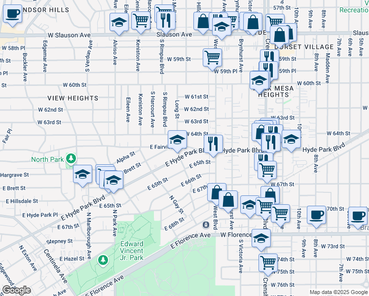 map of restaurants, bars, coffee shops, grocery stores, and more near 1110 East Fairview Boulevard in Inglewood