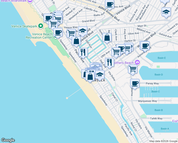 map of restaurants, bars, coffee shops, grocery stores, and more near 38 28th Place in Los Angeles