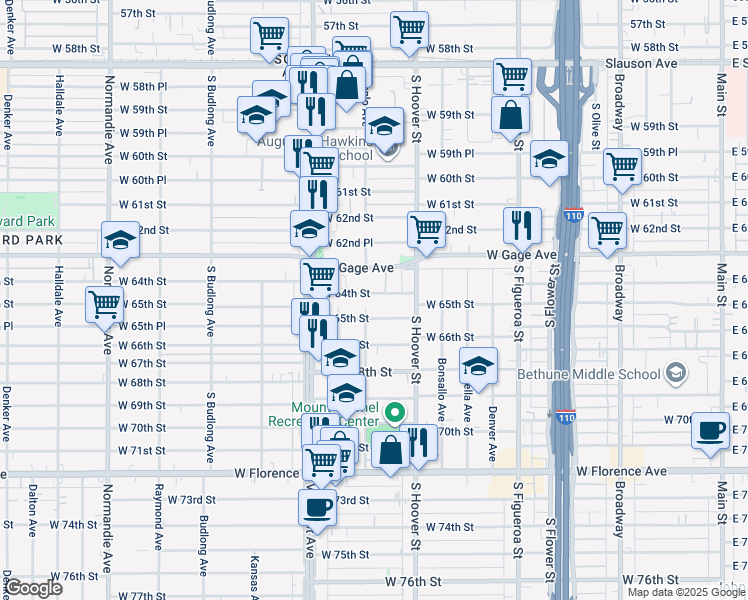 map of restaurants, bars, coffee shops, grocery stores, and more near 854 West 64th Street in Los Angeles