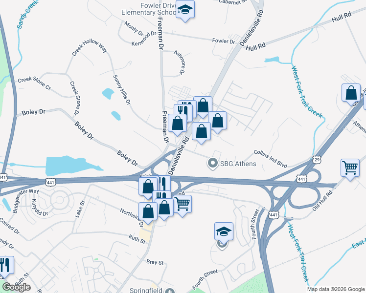 map of restaurants, bars, coffee shops, grocery stores, and more near 601-611 Danielsville Rd in Athens