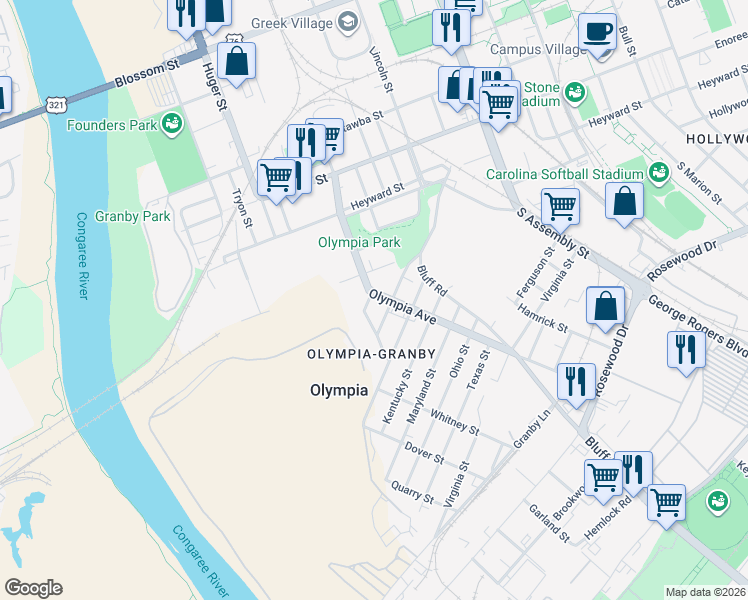 map of restaurants, bars, coffee shops, grocery stores, and more near 299 Delaware Street in Columbia