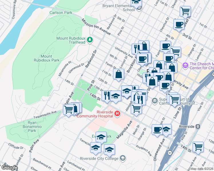map of restaurants, bars, coffee shops, grocery stores, and more near 4234 12th Street in Riverside