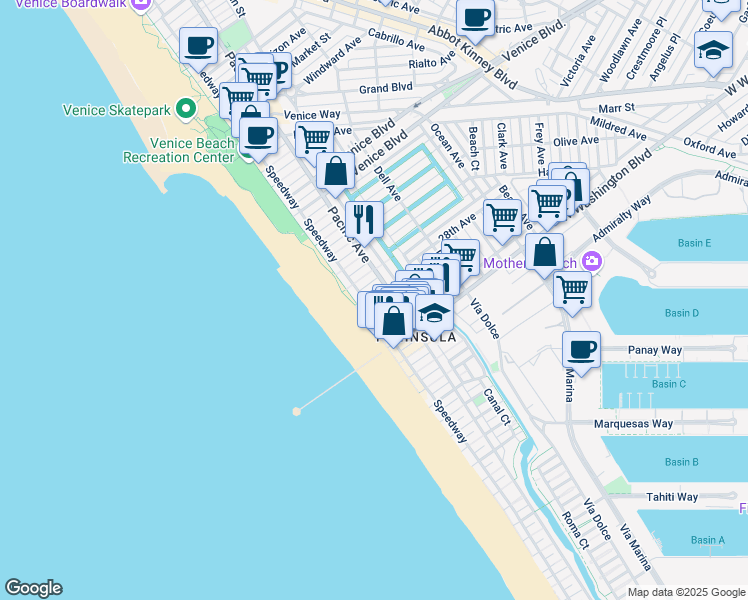 map of restaurants, bars, coffee shops, grocery stores, and more near 38 28th Place in Los Angeles