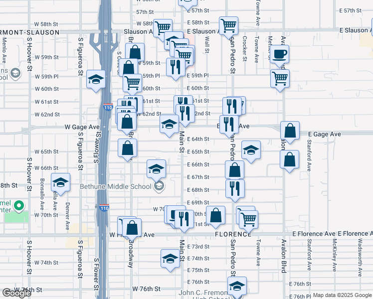 map of restaurants, bars, coffee shops, grocery stores, and more near 107 East 65th Street in Los Angeles