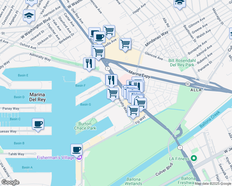 map of restaurants, bars, coffee shops, grocery stores, and more near 4647 Admiralty Way in Marina del Rey