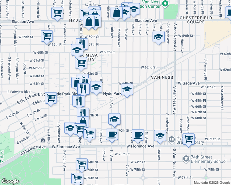 map of restaurants, bars, coffee shops, grocery stores, and more near 3007 Hyde Park Boulevard in Los Angeles