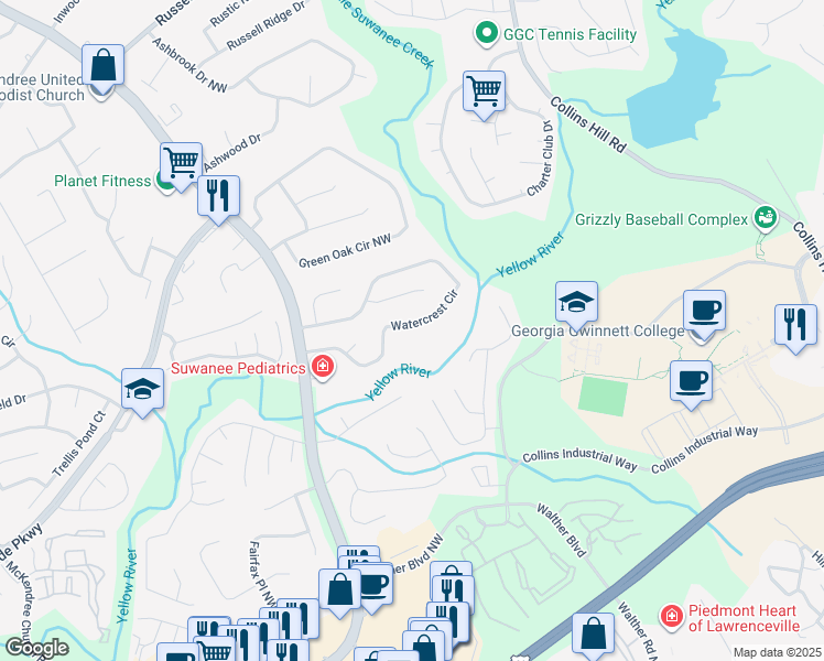 map of restaurants, bars, coffee shops, grocery stores, and more near 1554 Watercrest Circle in Lawrenceville