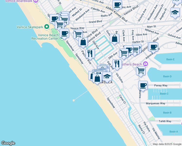 map of restaurants, bars, coffee shops, grocery stores, and more near 38 28th Place in Los Angeles