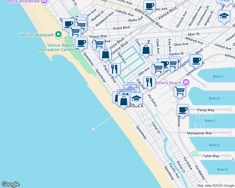 map of restaurants, bars, coffee shops, grocery stores, and more near 20 28th Avenue in Los Angeles