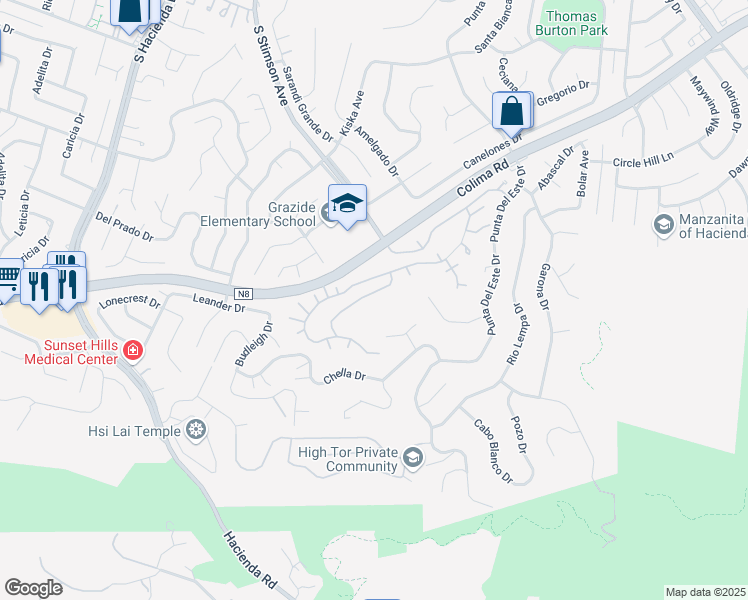 map of restaurants, bars, coffee shops, grocery stores, and more near 2940 Sierra Crest Way in Hacienda Heights