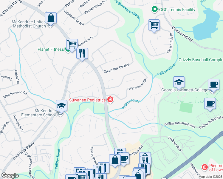 map of restaurants, bars, coffee shops, grocery stores, and more near 2084 Watercrest Circle in Lawrenceville