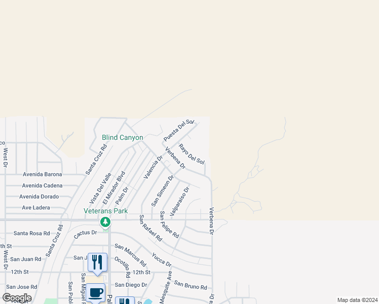 map of restaurants, bars, coffee shops, grocery stores, and more near Rayo Del Sol in Desert Hot Springs