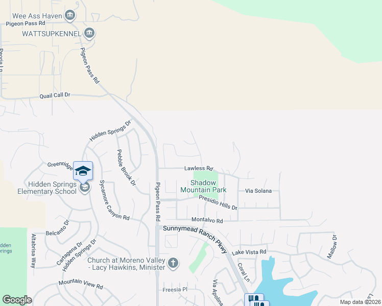 map of restaurants, bars, coffee shops, grocery stores, and more near 9569 American Way in Moreno Valley