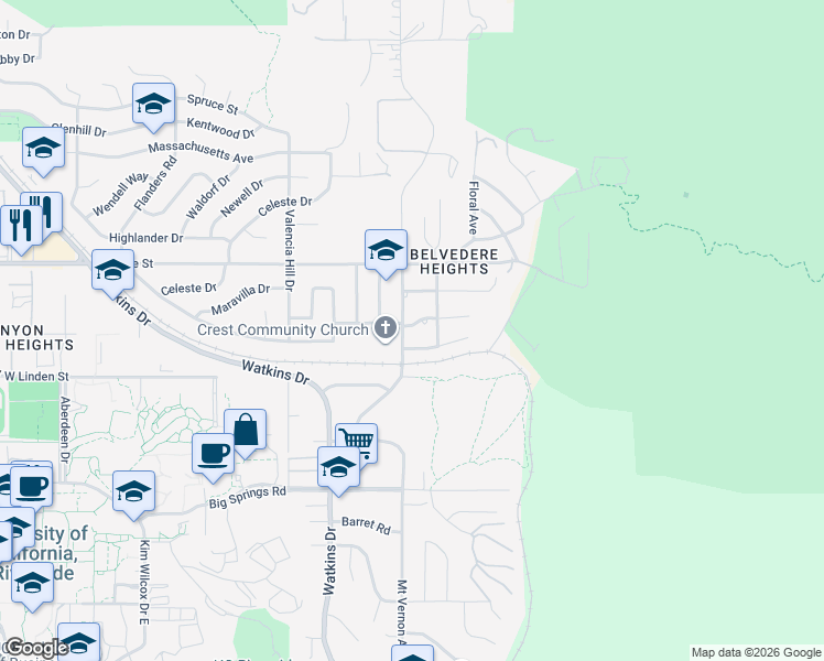 map of restaurants, bars, coffee shops, grocery stores, and more near 3396 Mount Vernon Avenue in Riverside