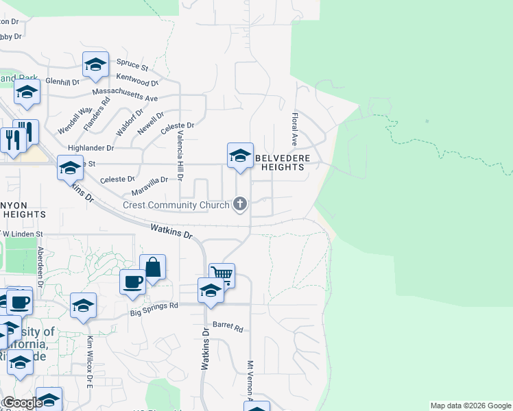 map of restaurants, bars, coffee shops, grocery stores, and more near 3396 Mount Vernon Avenue in Riverside