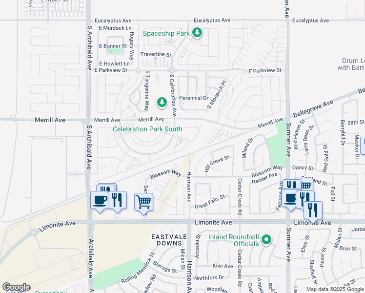 map of restaurants, bars, coffee shops, grocery stores, and more near 3089 East Arbor Lane in Ontario