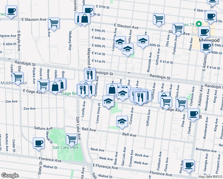 map of restaurants, bars, coffee shops, grocery stores, and more near 6245 Orchard Avenue in Bell