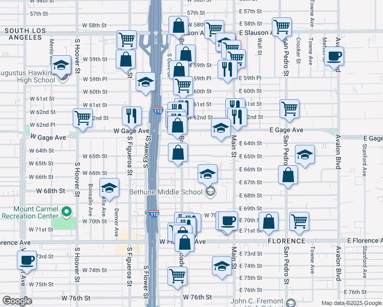 map of restaurants, bars, coffee shops, grocery stores, and more near 6406 South Broadway in Los Angeles