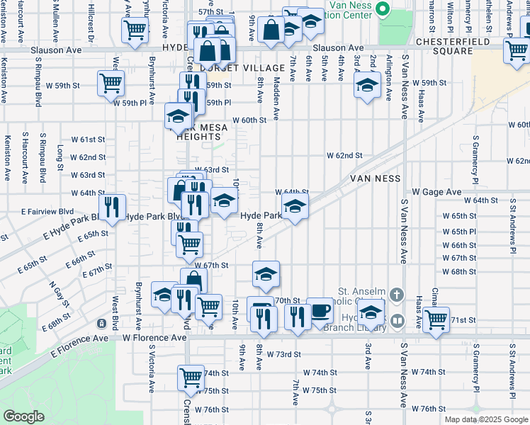 map of restaurants, bars, coffee shops, grocery stores, and more near 6427 Madden Avenue in Los Angeles