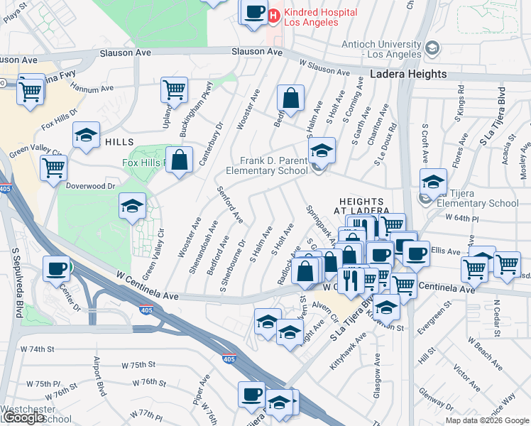 map of restaurants, bars, coffee shops, grocery stores, and more near 6432 South Halm Avenue in Los Angeles