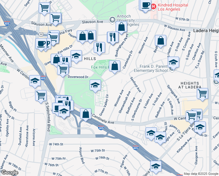map of restaurants, bars, coffee shops, grocery stores, and more near 6310 Green Valley Circle in Culver City