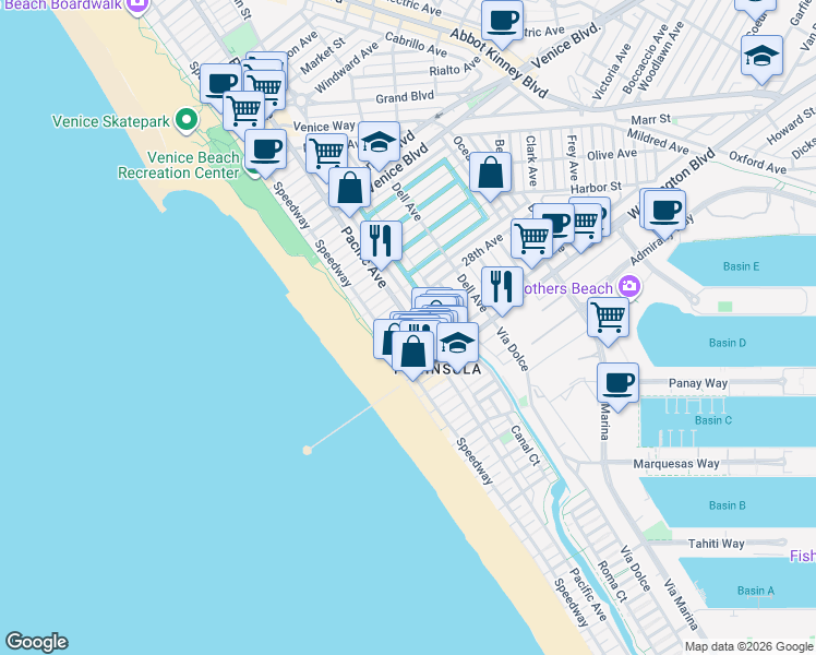 map of restaurants, bars, coffee shops, grocery stores, and more near 38 28th Place in Los Angeles