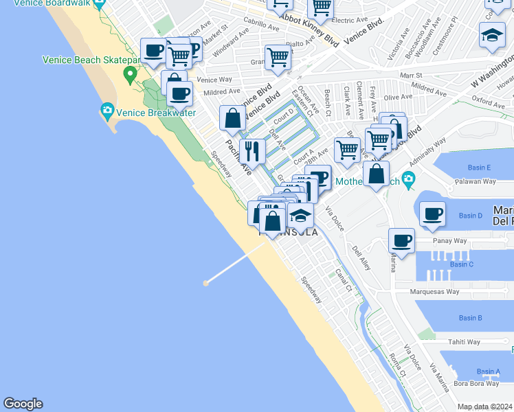 map of restaurants, bars, coffee shops, grocery stores, and more near 38 28th Place in Los Angeles
