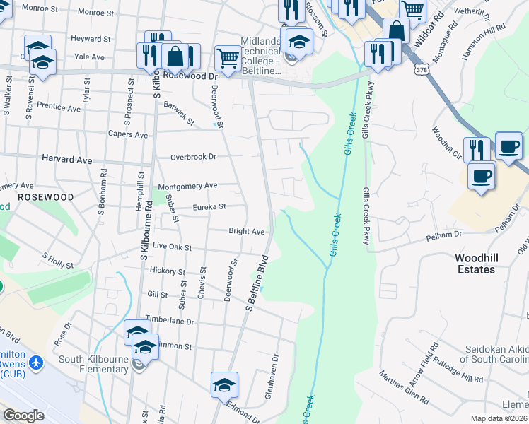 map of restaurants, bars, coffee shops, grocery stores, and more near 727 South Beltline Boulevard in Columbia