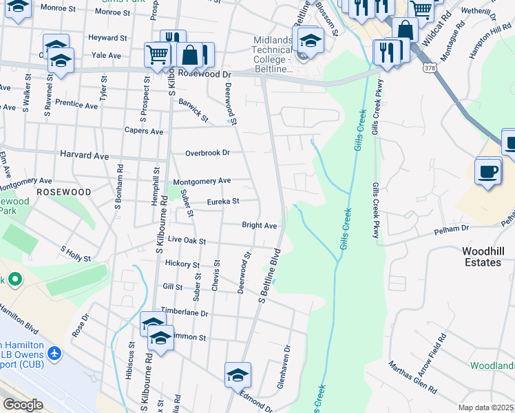 map of restaurants, bars, coffee shops, grocery stores, and more near 3938 Eureka Street in Columbia