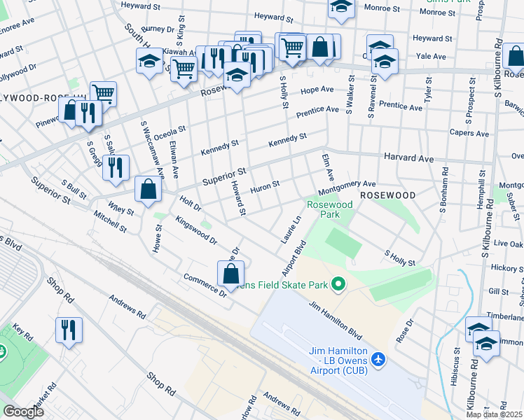 map of restaurants, bars, coffee shops, grocery stores, and more near 818 South Maple Street in Columbia