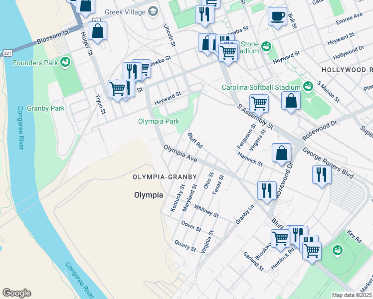 map of restaurants, bars, coffee shops, grocery stores, and more near 601 Kentucky Street in Columbia