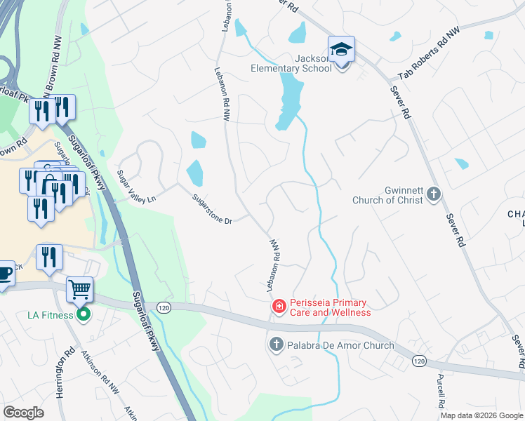 map of restaurants, bars, coffee shops, grocery stores, and more near 2006 Hunters Green Circle in Lawrenceville