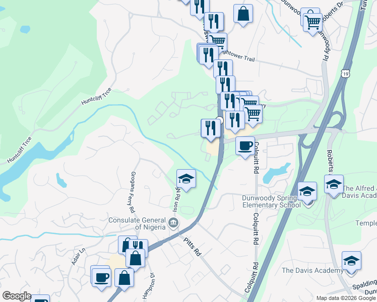 map of restaurants, bars, coffee shops, grocery stores, and more near 1800 Windridge Drive in Sandy Springs