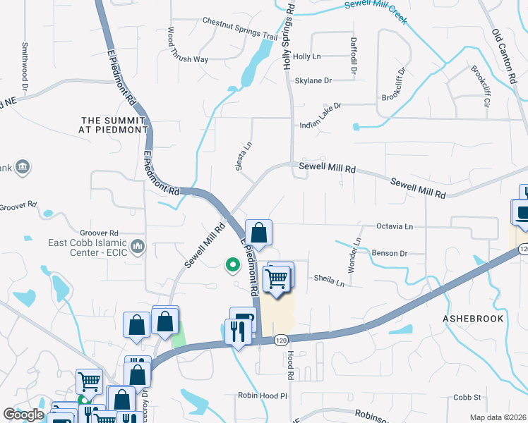 map of restaurants, bars, coffee shops, grocery stores, and more near 2450 Sewell Mill Road in Marietta