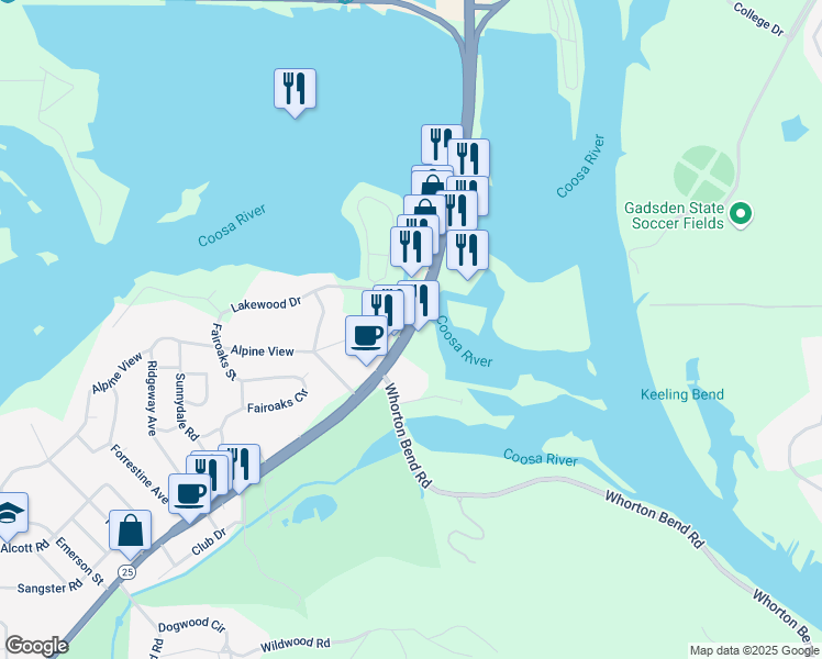 map of restaurants, bars, coffee shops, grocery stores, and more near 1701 Rainbow Drive in Gadsden