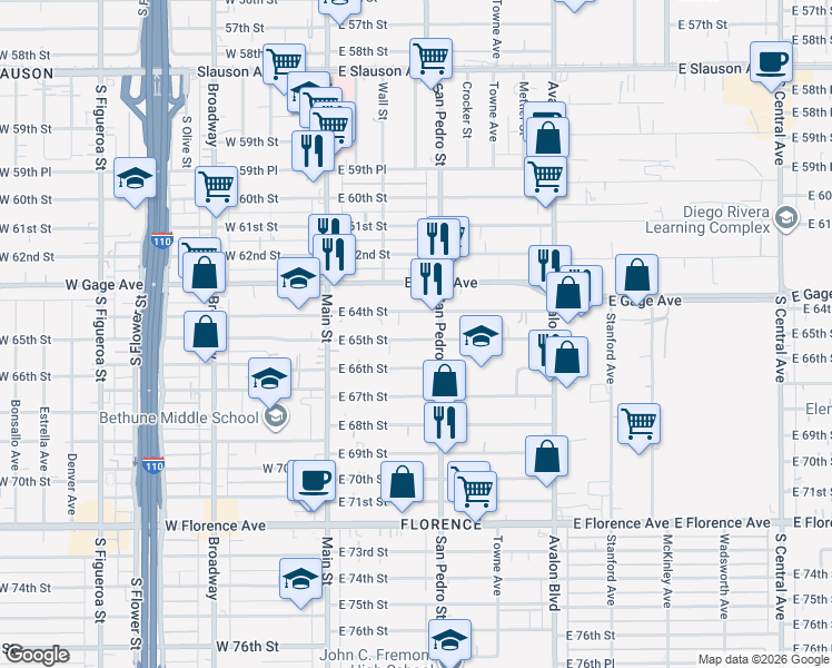map of restaurants, bars, coffee shops, grocery stores, and more near 233 East 65th Street in Los Angeles