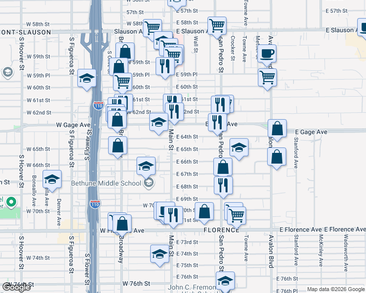 map of restaurants, bars, coffee shops, grocery stores, and more near 127 East 65th Street in Los Angeles