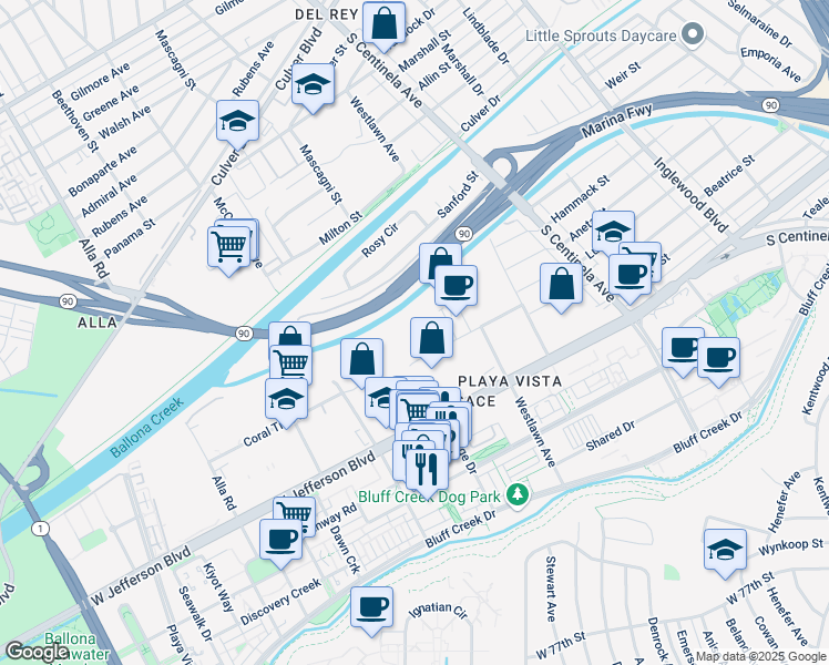 map of restaurants, bars, coffee shops, grocery stores, and more near 12633 Beatrice St in Los Angeles