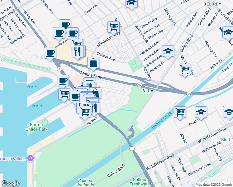 map of restaurants, bars, coffee shops, grocery stores, and more near 4771 La Villa Marina in Marina del Rey